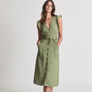 Reiss Emma Linen Blend Mini Dress in Khaki Size 12 NWT
